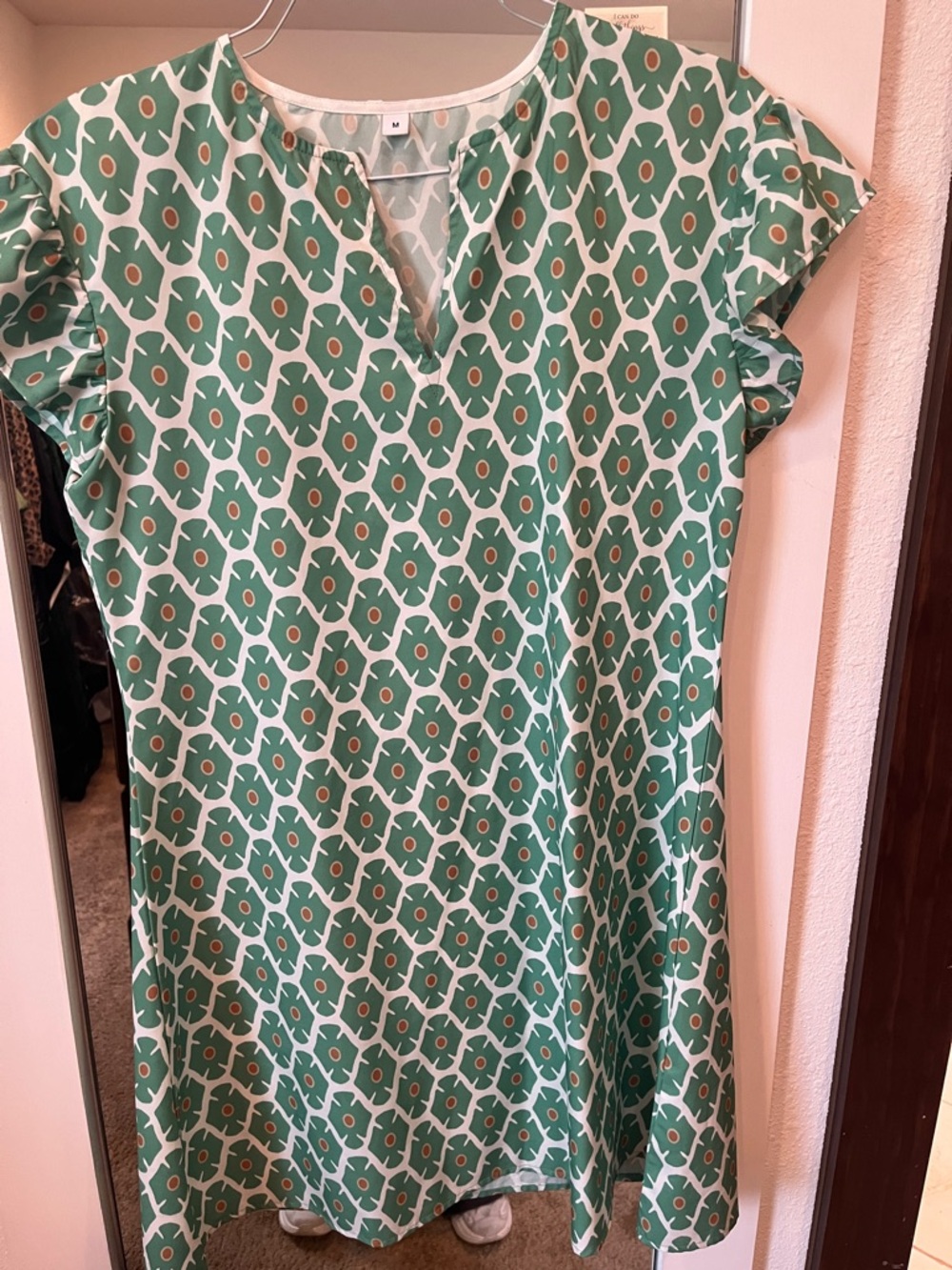Mini Dress Green Geo-Print Flutter Sleeve